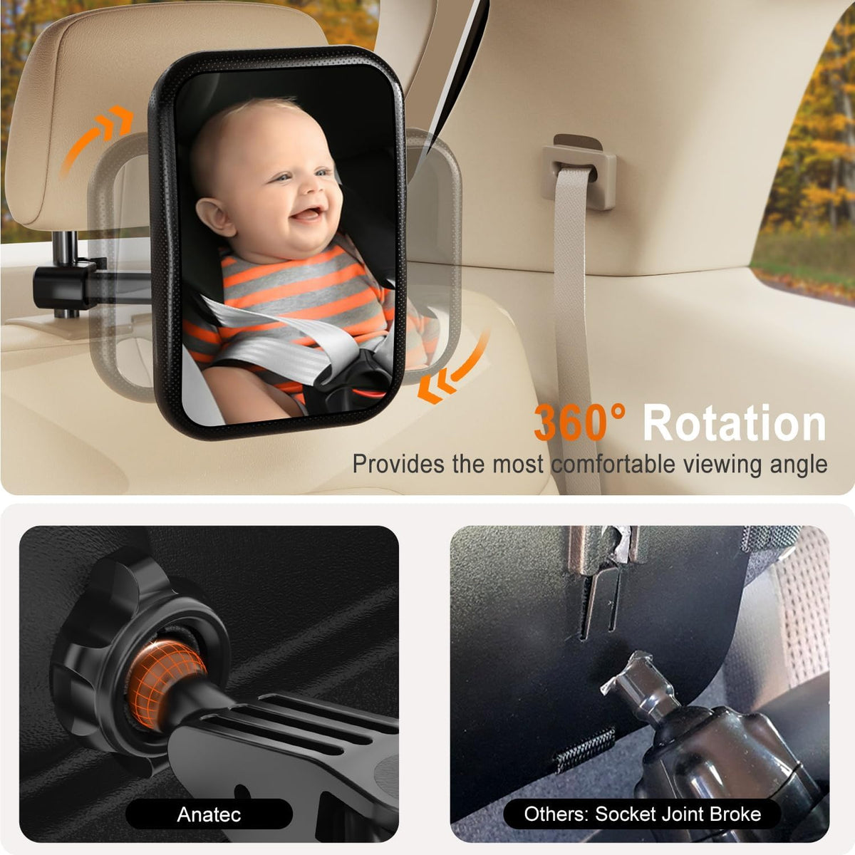 Baby Car Mirror, Rear Facing Car Seat Mirror for Infant Newborn with Hook Clip Design, Non-Shaking Wide Crystal View Shatterproof Crash Tested Adjustable