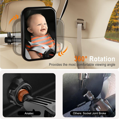 Baby Car Mirror, Rear Facing Car Seat Mirror for Infant Newborn with Hook Clip Design, Non-Shaking Wide Crystal View Shatterproof Crash Tested Adjustable
