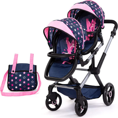 Bayer Xeo Twin Pram - Stars Navy & Pink Doll Stroller with Adjustable