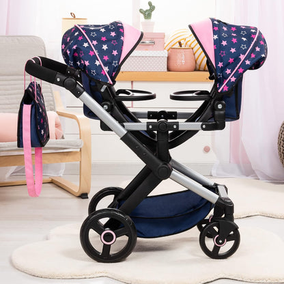 Bayer Xeo Twin Pram - Stars Navy & Pink Doll Stroller with Adjustable