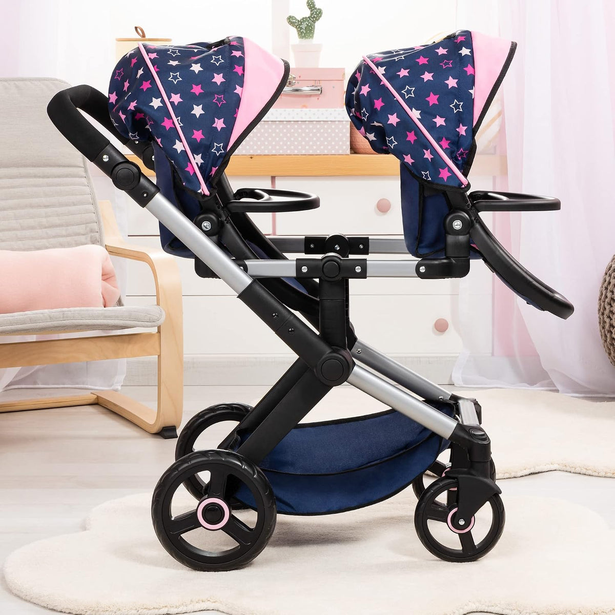 Bayer Xeo Twin Pram - Stars Navy & Pink Doll Stroller with Adjustable
