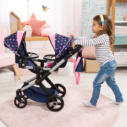 Bayer Xeo Twin Pram - Stars Navy & Pink Doll Stroller with Adjustable