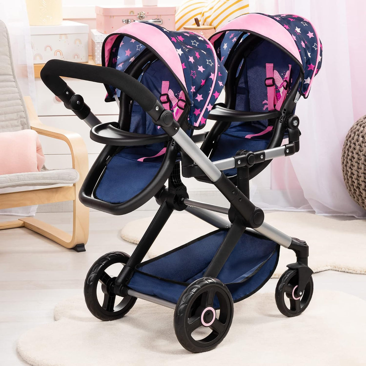 Bayer Xeo Twin Pram - Stars Navy & Pink Doll Stroller with Adjustable