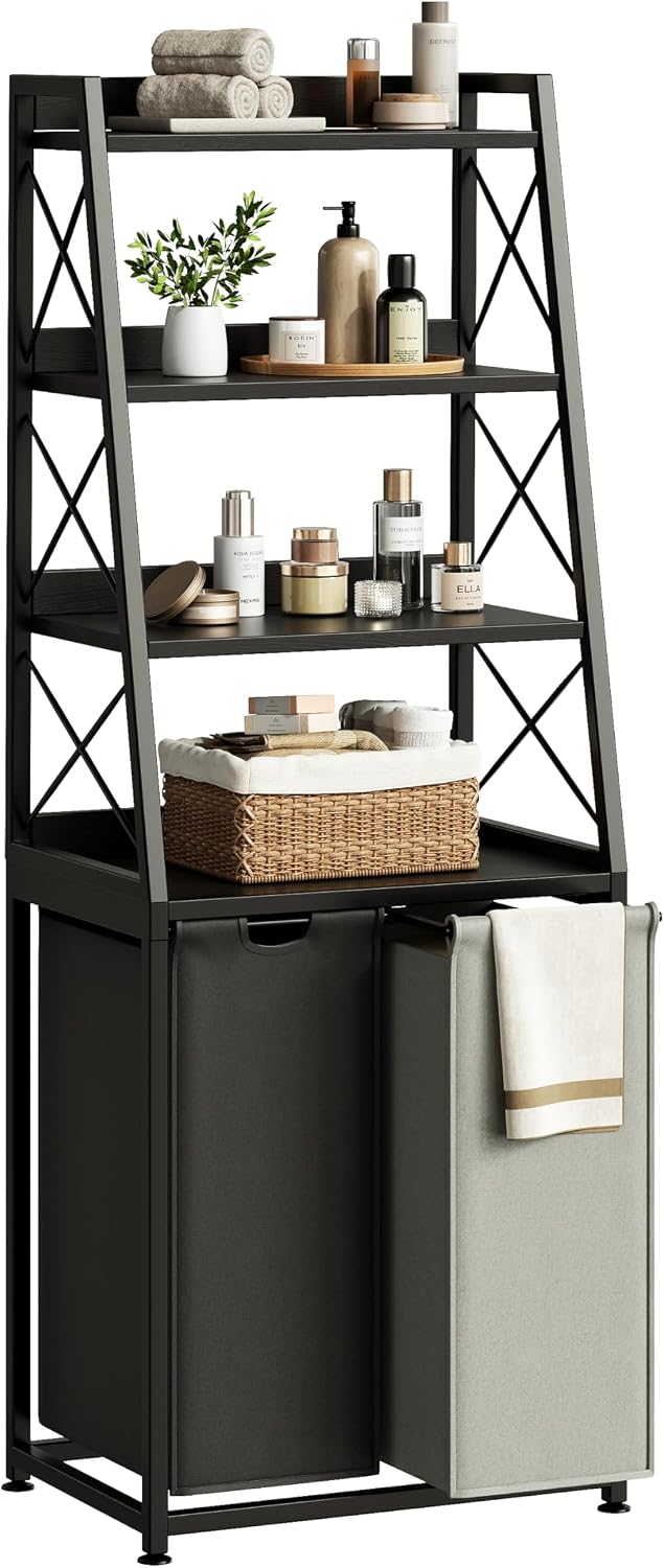 Laundry Basket, 2 Section Laundry Hamper with 4 Tiers Shelf, Pull-Out and Removable Laundry Bags, Large 2 x 15.87 Gallons, for Bedroom Bathroom White PF11XLE