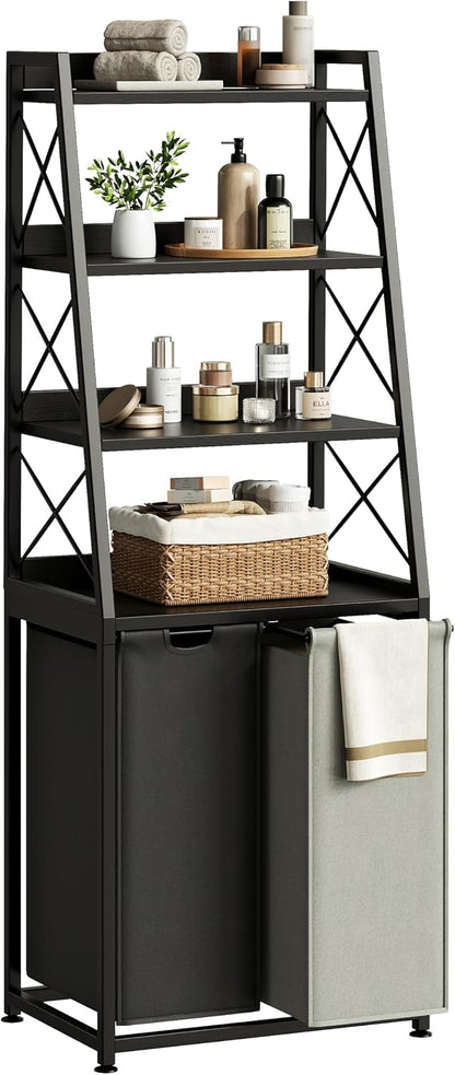 Laundry Basket, 2 Section Laundry Hamper with 4 Tiers Shelf, Pull-Out and Removable Laundry Bags, Large 2 x 15.87 Gallons, for Bedroom Bathroom White PF11XLE