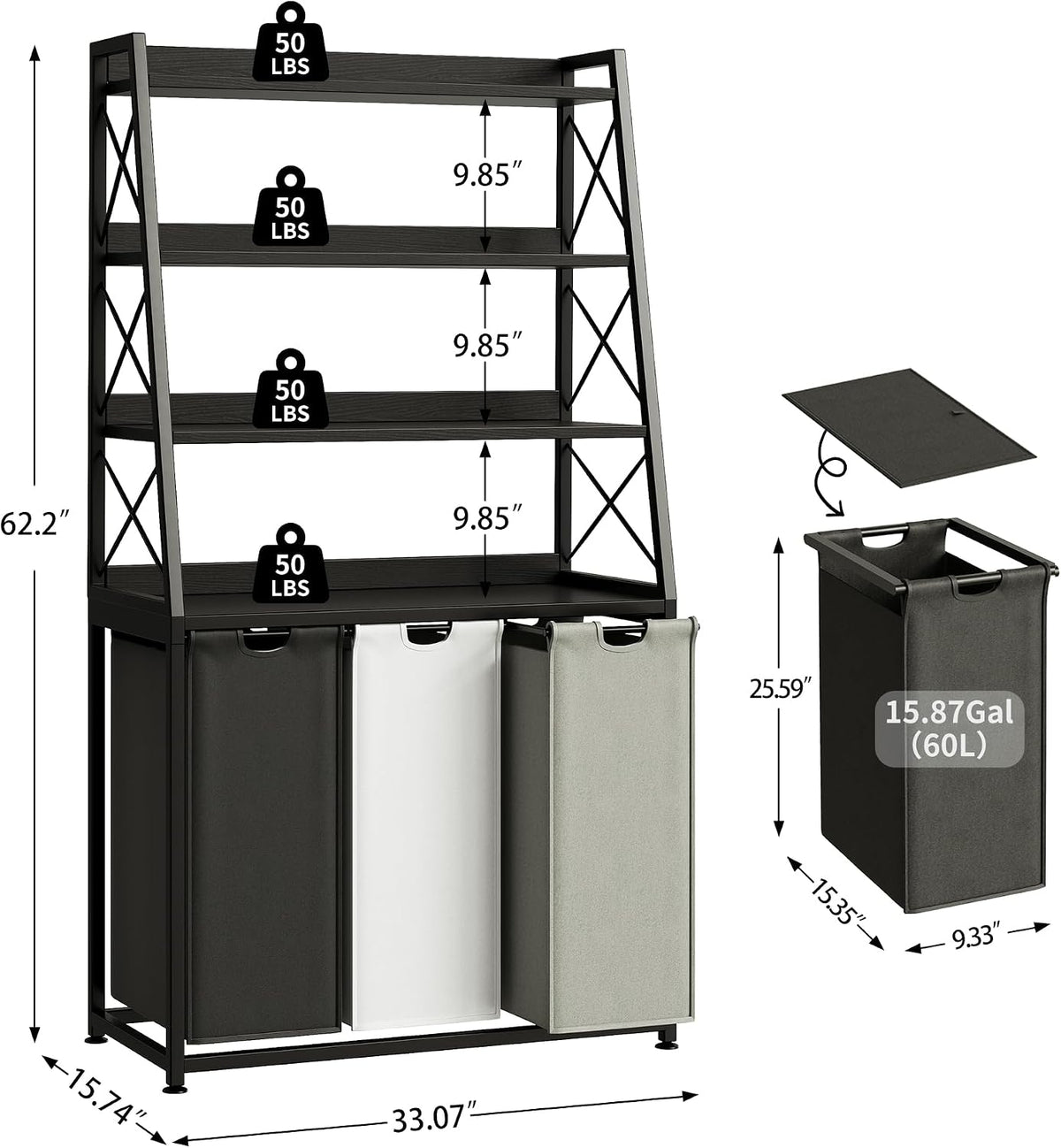 Laundry Basket, 2 Section Laundry Hamper with 4 Tiers Shelf, Pull-Out and Removable Laundry Bags, Large 2 x 15.87 Gallons, for Bedroom Bathroom White PF11XLE