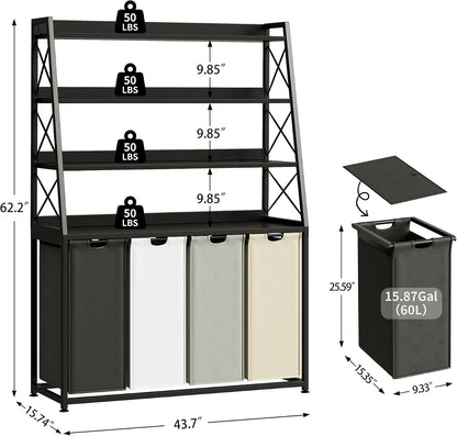 Laundry Basket, 2 Section Laundry Hamper with 4 Tiers Shelf, Pull-Out and Removable Laundry Bags, Large 2 x 15.87 Gallons, for Bedroom Bathroom White PF11XLE