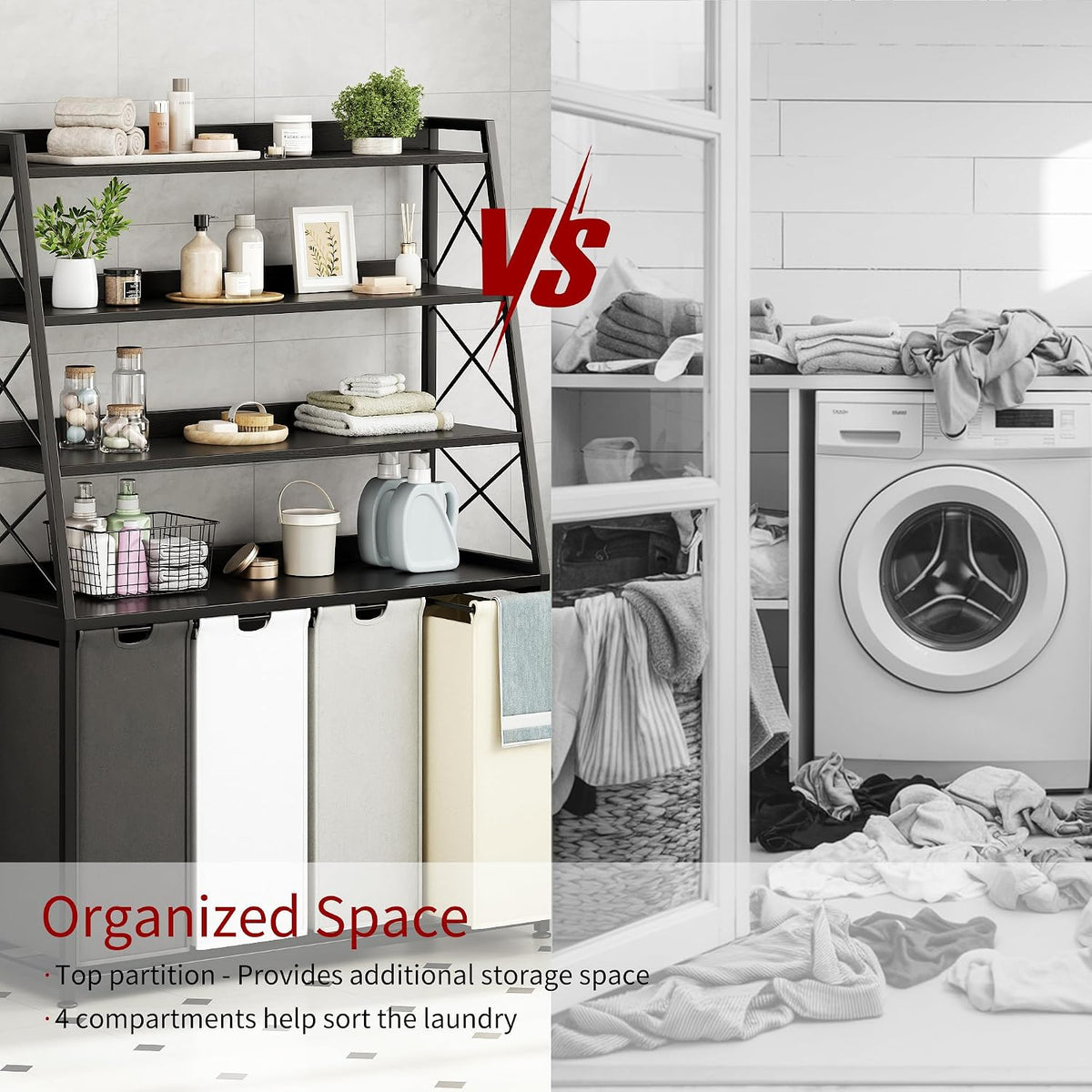 Laundry Basket, 2 Section Laundry Hamper with 4 Tiers Shelf, Pull-Out and Removable Laundry Bags, Large 2 x 15.87 Gallons, for Bedroom Bathroom White PF11XLE