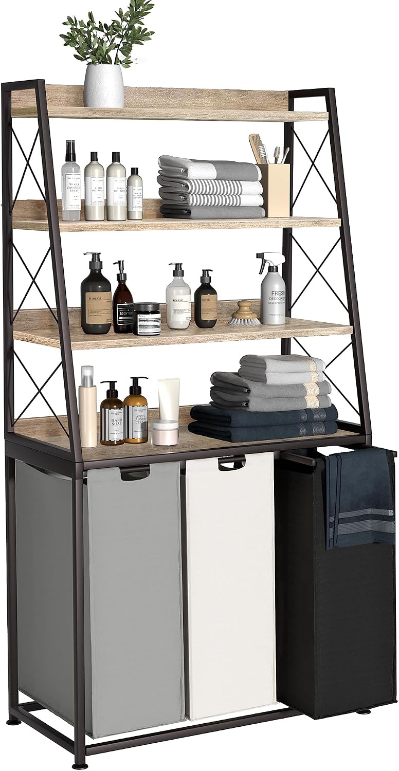 Laundry Basket, 2 Section Laundry Hamper with 4 Tiers Shelf, Pull-Out and Removable Laundry Bags, Large 2 x 15.87 Gallons, for Bedroom Bathroom White PF11XLE