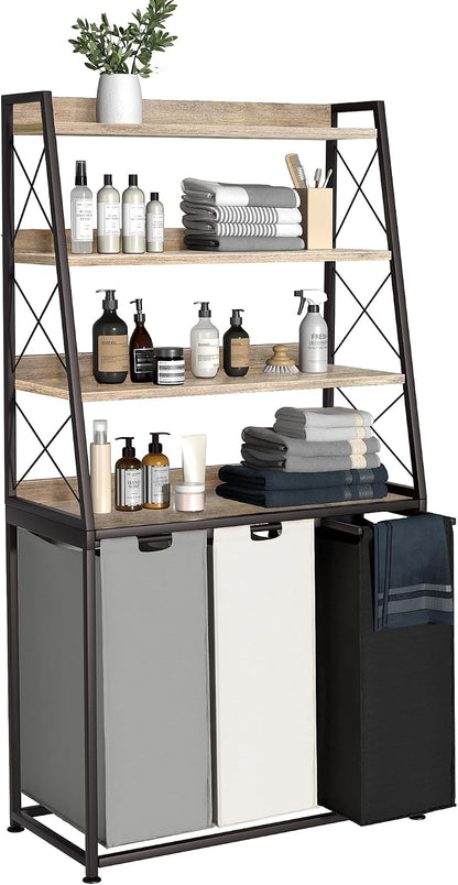 Laundry Basket, 2 Section Laundry Hamper with 4 Tiers Shelf, Pull-Out and Removable Laundry Bags, Large 2 x 15.87 Gallons, for Bedroom Bathroom White PF11XLE