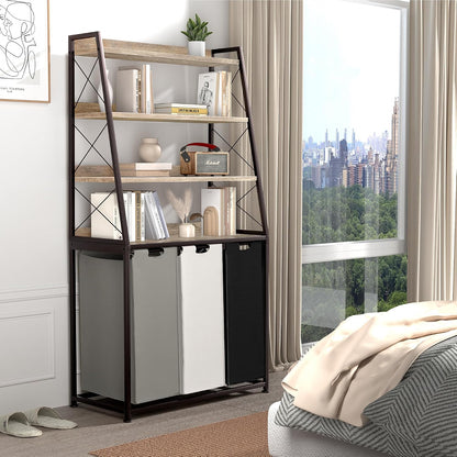 Laundry Basket, 2 Section Laundry Hamper with 4 Tiers Shelf, Pull-Out and Removable Laundry Bags, Large 2 x 15.87 Gallons, for Bedroom Bathroom White PF11XLE