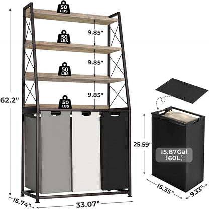Laundry Basket, 2 Section Laundry Hamper with 4 Tiers Shelf, Pull-Out and Removable Laundry Bags, Large 2 x 15.87 Gallons, for Bedroom Bathroom White PF11XLE