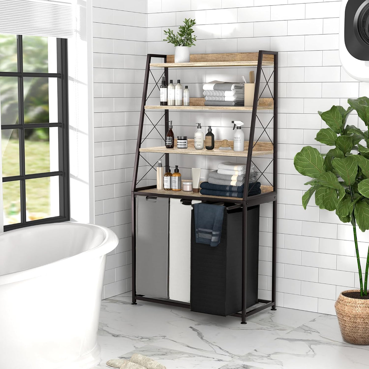 Laundry Basket, 2 Section Laundry Hamper with 4 Tiers Shelf, Pull-Out and Removable Laundry Bags, Large 2 x 15.87 Gallons, for Bedroom Bathroom White PF11XLE