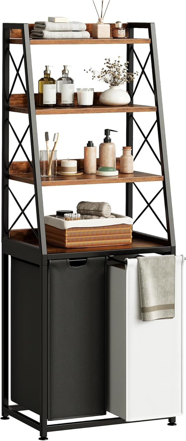 Laundry Basket, 2 Section Laundry Hamper with 4 Tiers Shelf, Pull-Out and Removable Laundry Bags, Large 2 x 15.87 Gallons, for Bedroom Bathroom White PF11XLE