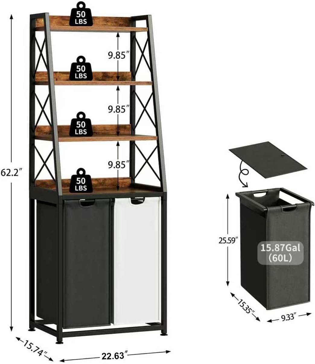 Laundry Basket, 2 Section Laundry Hamper with 4 Tiers Shelf, Pull-Out and Removable Laundry Bags, Large 2 x 15.87 Gallons, for Bedroom Bathroom White PF11XLE
