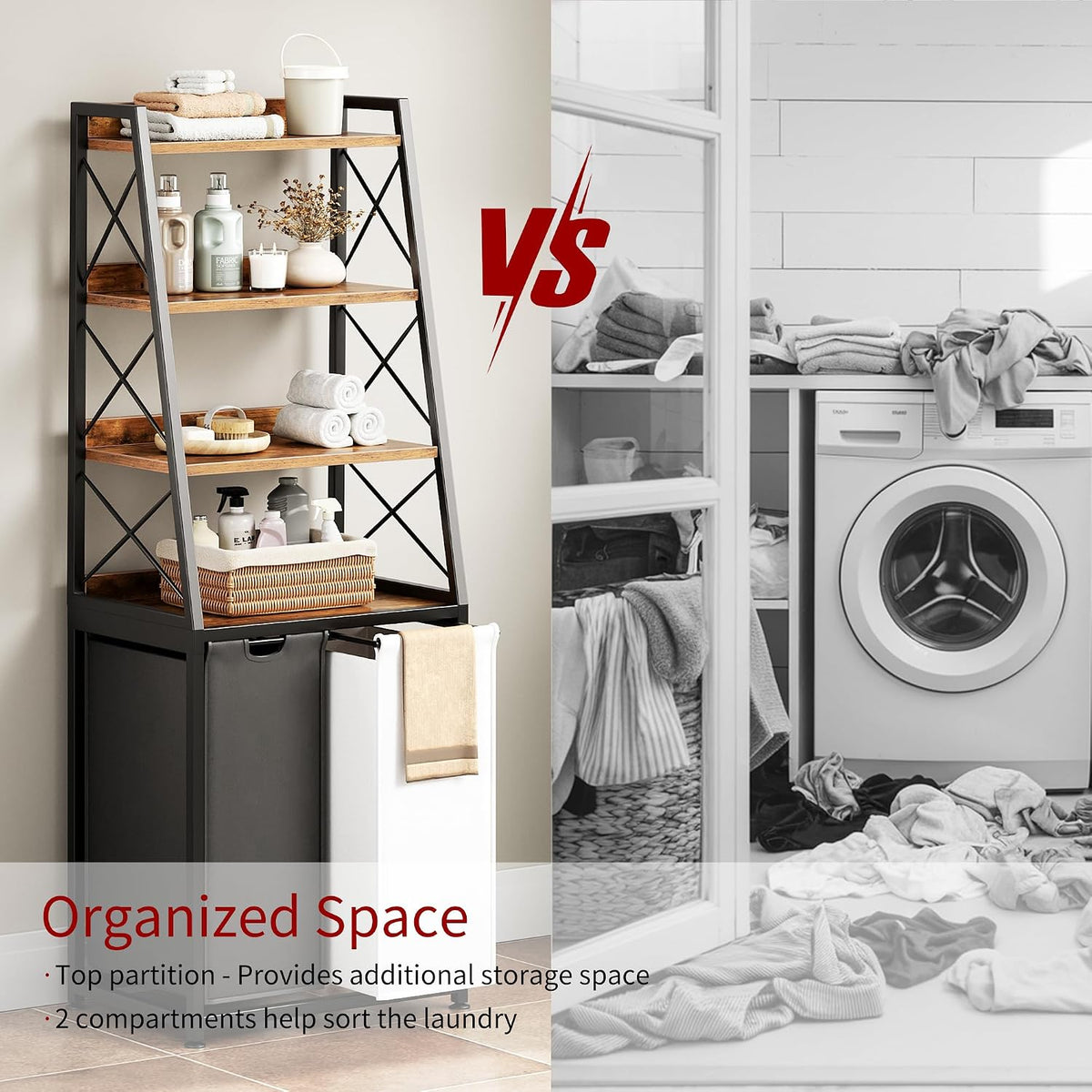 Laundry Basket, 2 Section Laundry Hamper with 4 Tiers Shelf, Pull-Out and Removable Laundry Bags, Large 2 x 15.87 Gallons, for Bedroom Bathroom White PF11XLE