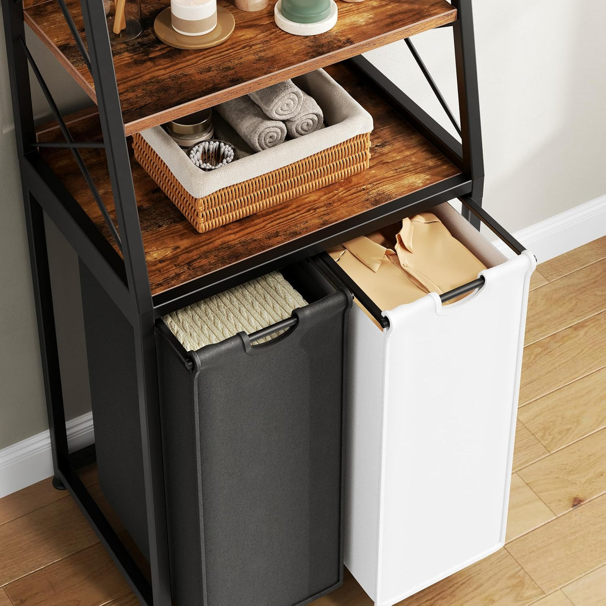 Laundry Basket, 2 Section Laundry Hamper with 4 Tiers Shelf, Pull-Out and Removable Laundry Bags, Large 2 x 15.87 Gallons, for Bedroom Bathroom White PF11XLE