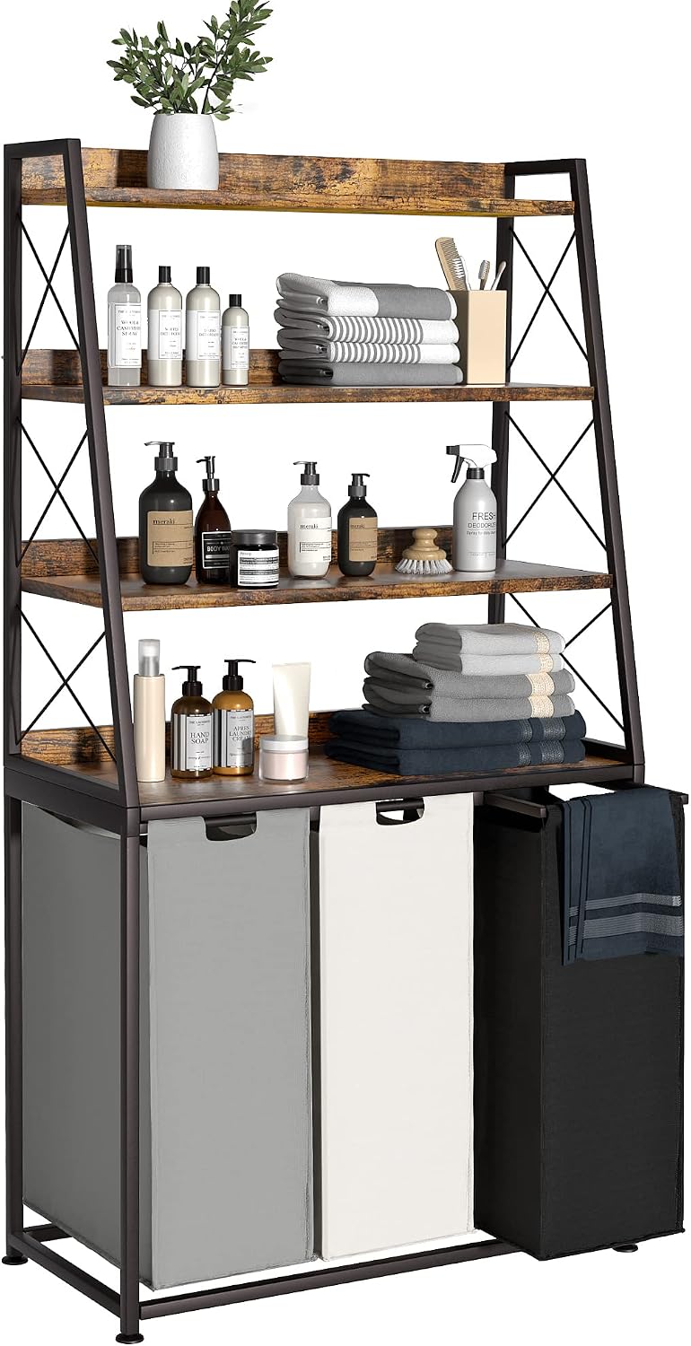 Laundry Basket, 2 Section Laundry Hamper with 4 Tiers Shelf, Pull-Out and Removable Laundry Bags, Large 2 x 15.87 Gallons, for Bedroom Bathroom White PF11XLE