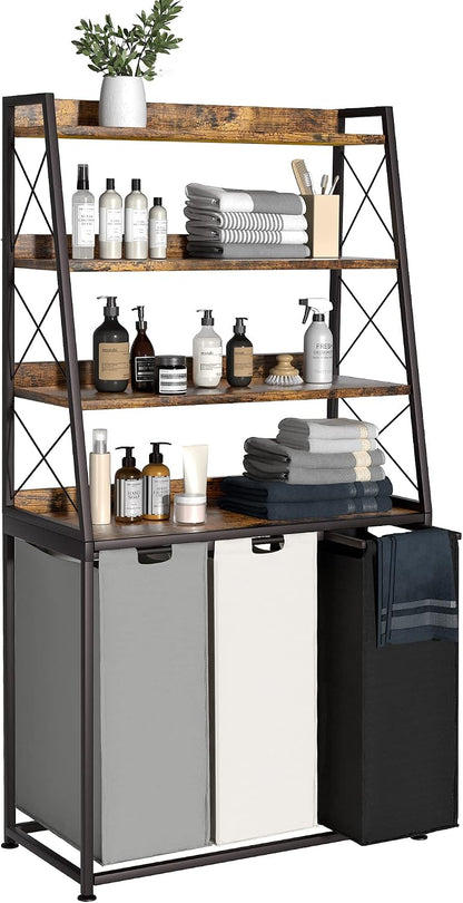 Laundry Basket, 2 Section Laundry Hamper with 4 Tiers Shelf, Pull-Out and Removable Laundry Bags, Large 2 x 15.87 Gallons, for Bedroom Bathroom White PF11XLE