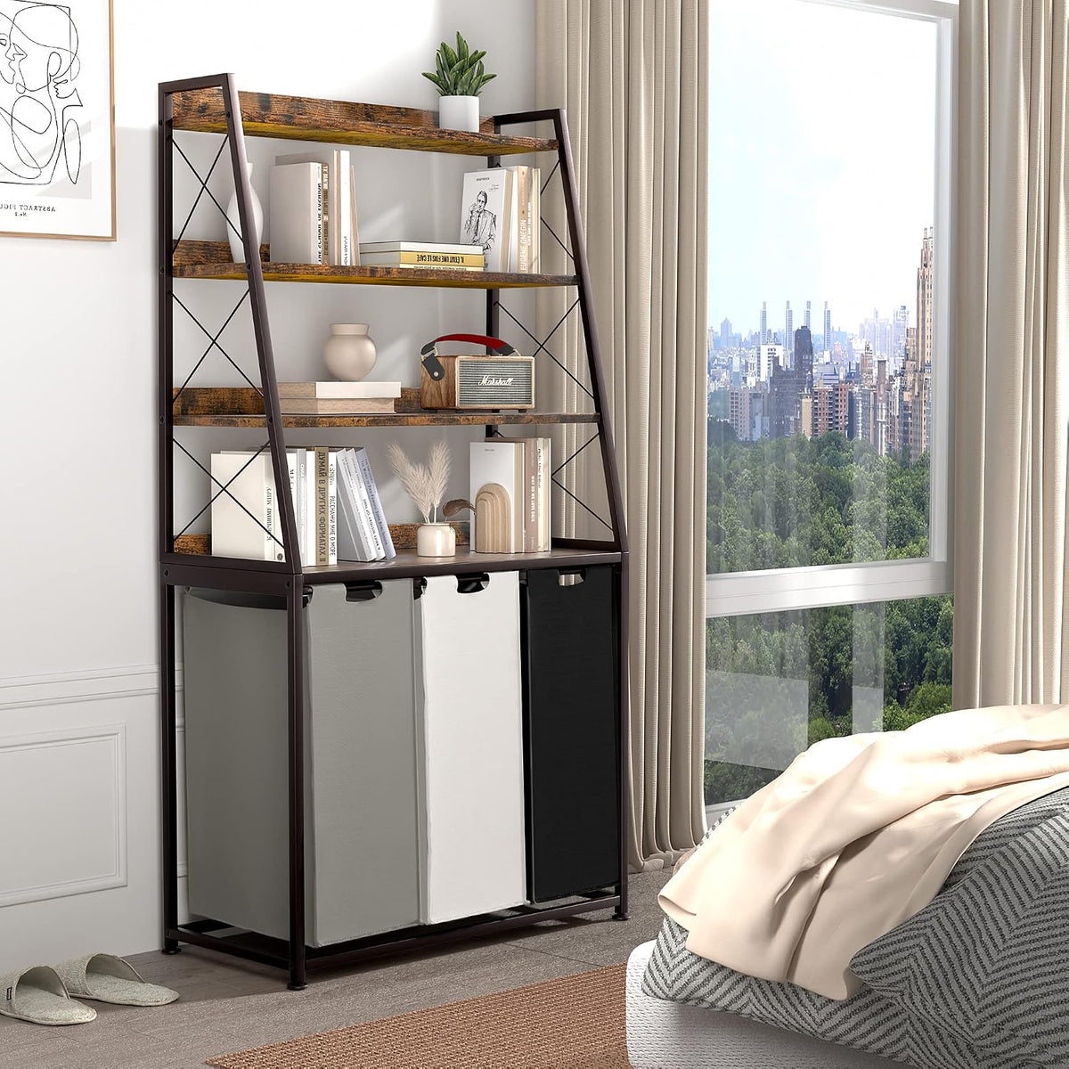 Laundry Basket, 2 Section Laundry Hamper with 4 Tiers Shelf, Pull-Out and Removable Laundry Bags, Large 2 x 15.87 Gallons, for Bedroom Bathroom White PF11XLE