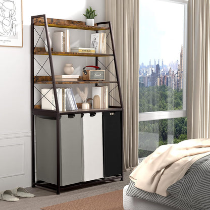 Laundry Basket, 2 Section Laundry Hamper with 4 Tiers Shelf, Pull-Out and Removable Laundry Bags, Large 2 x 15.87 Gallons, for Bedroom Bathroom White PF11XLE