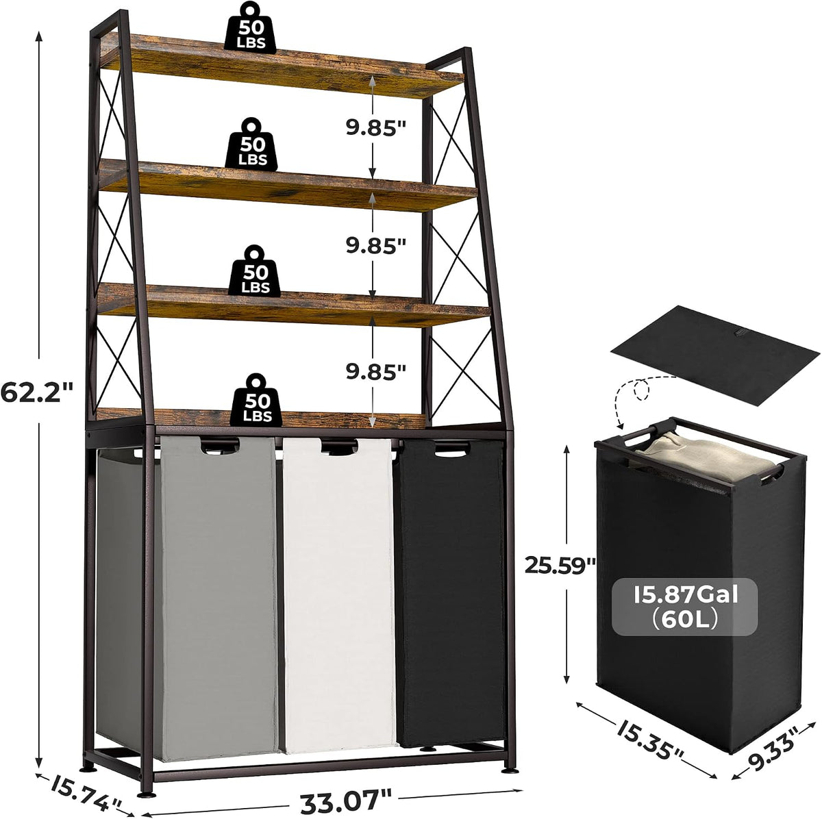 Laundry Basket, 2 Section Laundry Hamper with 4 Tiers Shelf, Pull-Out and Removable Laundry Bags, Large 2 x 15.87 Gallons, for Bedroom Bathroom White PF11XLE