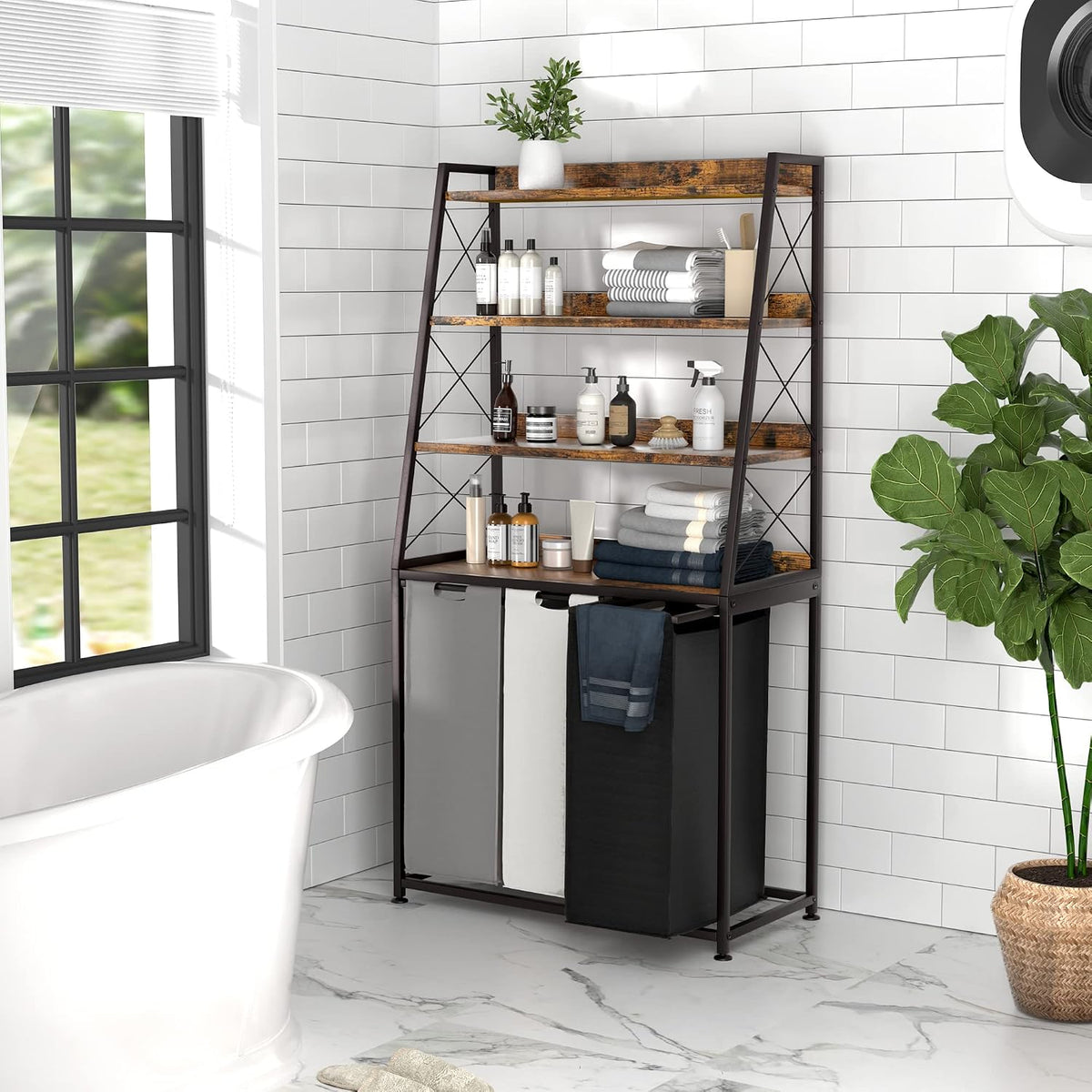 Laundry Basket, 2 Section Laundry Hamper with 4 Tiers Shelf, Pull-Out and Removable Laundry Bags, Large 2 x 15.87 Gallons, for Bedroom Bathroom White PF11XLE