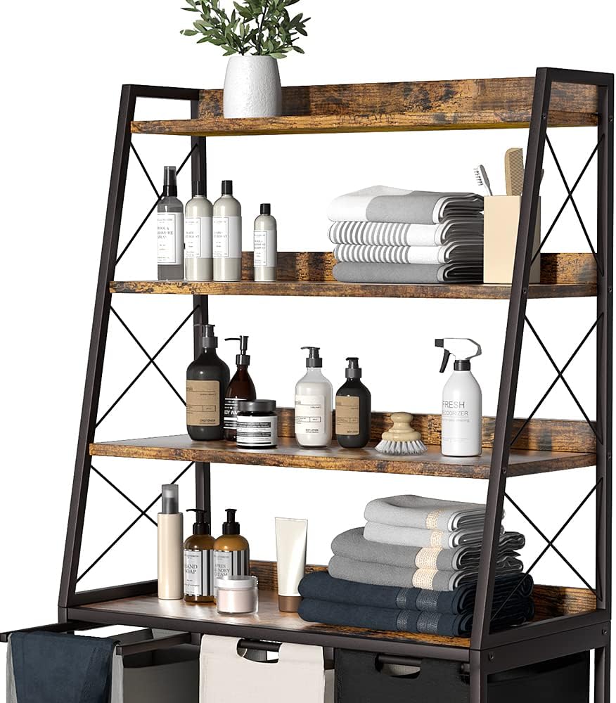Laundry Basket, 2 Section Laundry Hamper with 4 Tiers Shelf, Pull-Out and Removable Laundry Bags, Large 2 x 15.87 Gallons, for Bedroom Bathroom White PF11XLE