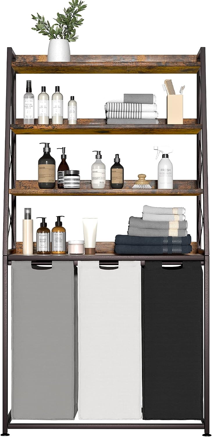 Laundry Basket, 2 Section Laundry Hamper with 4 Tiers Shelf, Pull-Out and Removable Laundry Bags, Large 2 x 15.87 Gallons, for Bedroom Bathroom White PF11XLE