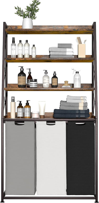 Laundry Basket, 2 Section Laundry Hamper with 4 Tiers Shelf, Pull-Out and Removable Laundry Bags, Large 2 x 15.87 Gallons, for Bedroom Bathroom White PF11XLE