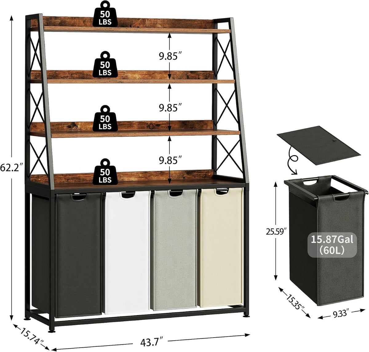 Laundry Basket, 2 Section Laundry Hamper with 4 Tiers Shelf, Pull-Out and Removable Laundry Bags, Large 2 x 15.87 Gallons, for Bedroom Bathroom White PF11XLE