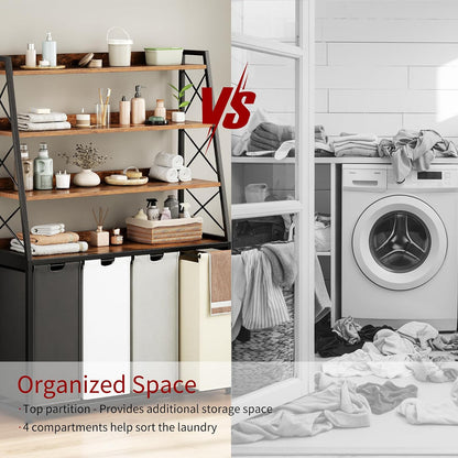Laundry Basket, 2 Section Laundry Hamper with 4 Tiers Shelf, Pull-Out and Removable Laundry Bags, Large 2 x 15.87 Gallons, for Bedroom Bathroom White PF11XLE