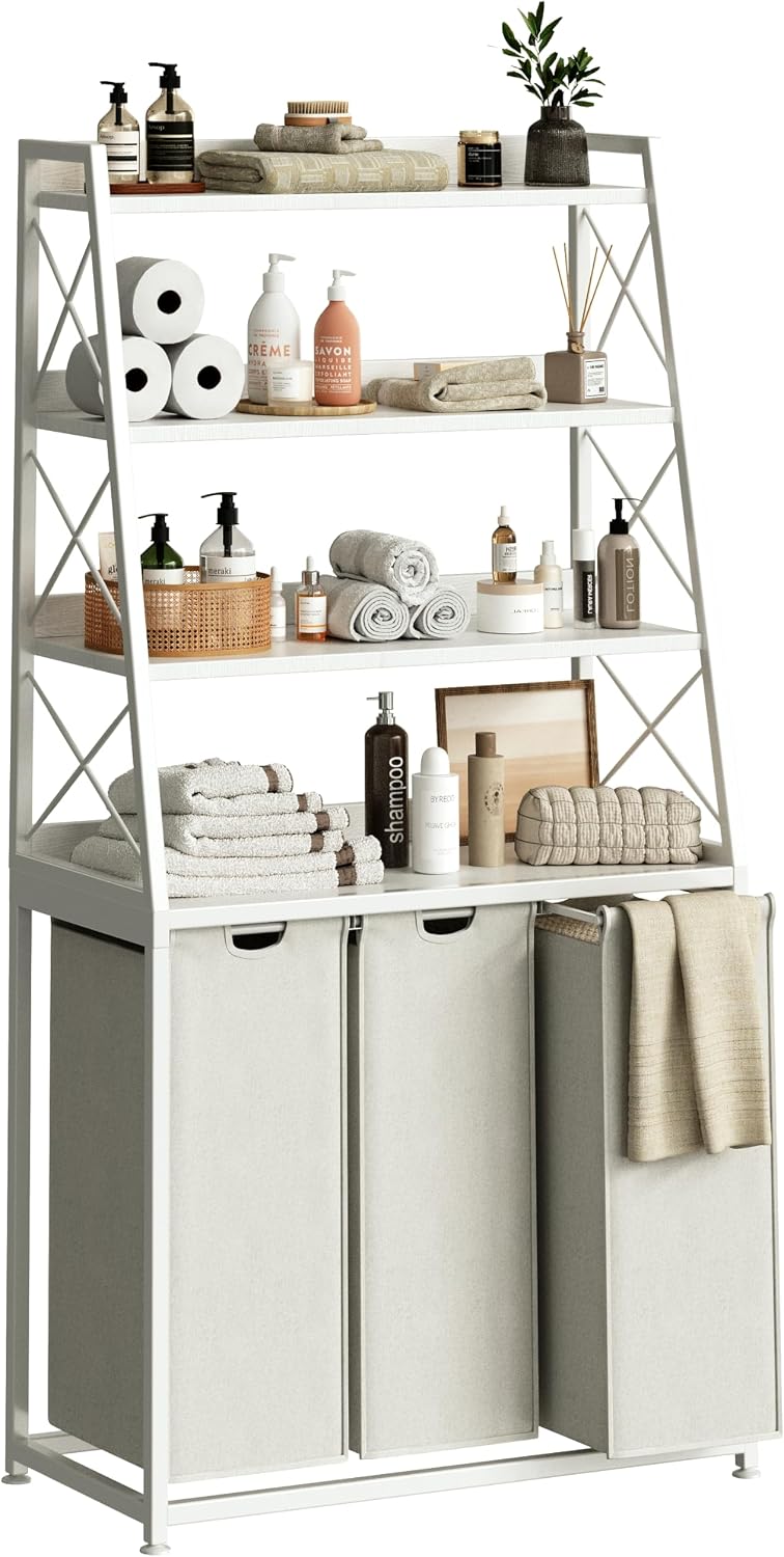 Laundry Basket, 2 Section Laundry Hamper with 4 Tiers Shelf, Pull-Out and Removable Laundry Bags, Large 2 x 15.87 Gallons, for Bedroom Bathroom White PF11XLE