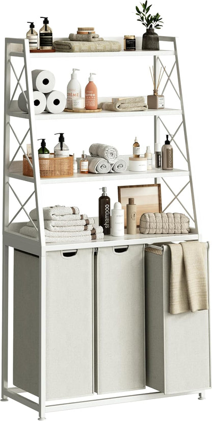 Laundry Basket, 2 Section Laundry Hamper with 4 Tiers Shelf, Pull-Out and Removable Laundry Bags, Large 2 x 15.87 Gallons, for Bedroom Bathroom White PF11XLE