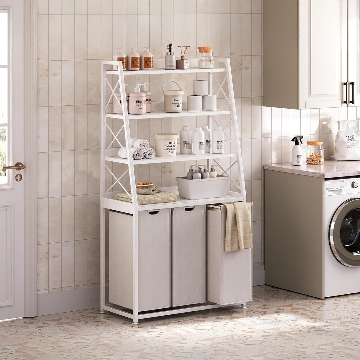 Laundry Basket, 2 Section Laundry Hamper with 4 Tiers Shelf, Pull-Out and Removable Laundry Bags, Large 2 x 15.87 Gallons, for Bedroom Bathroom White PF11XLE