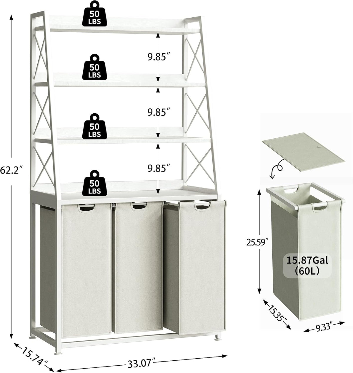 Laundry Basket, 2 Section Laundry Hamper with 4 Tiers Shelf, Pull-Out and Removable Laundry Bags, Large 2 x 15.87 Gallons, for Bedroom Bathroom White PF11XLE