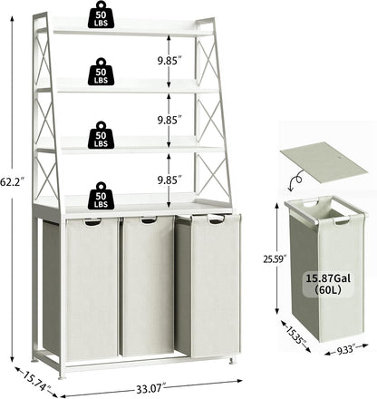 Laundry Basket, 2 Section Laundry Hamper with 4 Tiers Shelf, Pull-Out and Removable Laundry Bags, Large 2 x 15.87 Gallons, for Bedroom Bathroom White PF11XLE