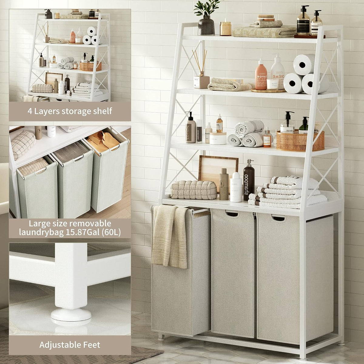 Laundry Basket, 2 Section Laundry Hamper with 4 Tiers Shelf, Pull-Out and Removable Laundry Bags, Large 2 x 15.87 Gallons, for Bedroom Bathroom White PF11XLE