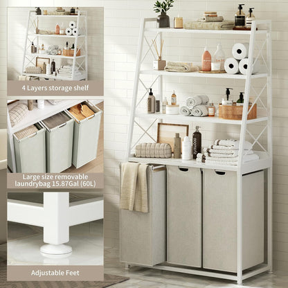Laundry Basket, 2 Section Laundry Hamper with 4 Tiers Shelf, Pull-Out and Removable Laundry Bags, Large 2 x 15.87 Gallons, for Bedroom Bathroom White PF11XLE