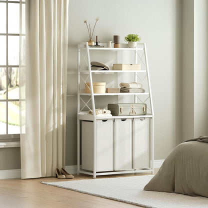 Laundry Basket, 2 Section Laundry Hamper with 4 Tiers Shelf, Pull-Out and Removable Laundry Bags, Large 2 x 15.87 Gallons, for Bedroom Bathroom White PF11XLE