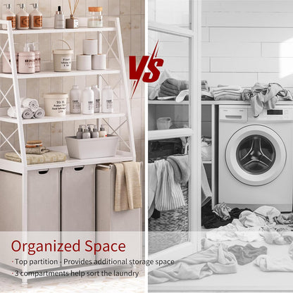 Laundry Basket, 2 Section Laundry Hamper with 4 Tiers Shelf, Pull-Out and Removable Laundry Bags, Large 2 x 15.87 Gallons, for Bedroom Bathroom White PF11XLE