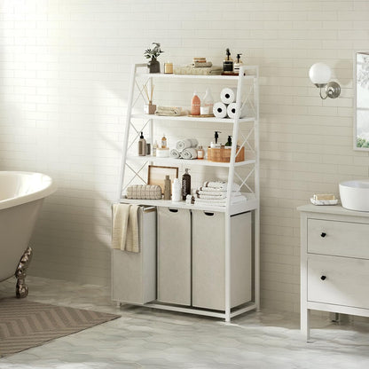 Laundry Basket, 2 Section Laundry Hamper with 4 Tiers Shelf, Pull-Out and Removable Laundry Bags, Large 2 x 15.87 Gallons, for Bedroom Bathroom White PF11XLE