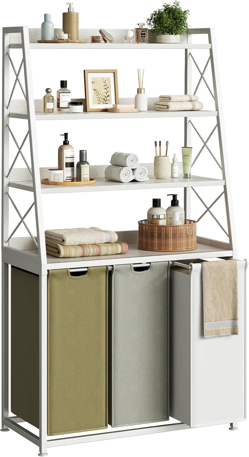 Laundry Basket, 2 Section Laundry Hamper with 4 Tiers Shelf, Pull-Out and Removable Laundry Bags, Large 2 x 15.87 Gallons, for Bedroom Bathroom White PF11XLE