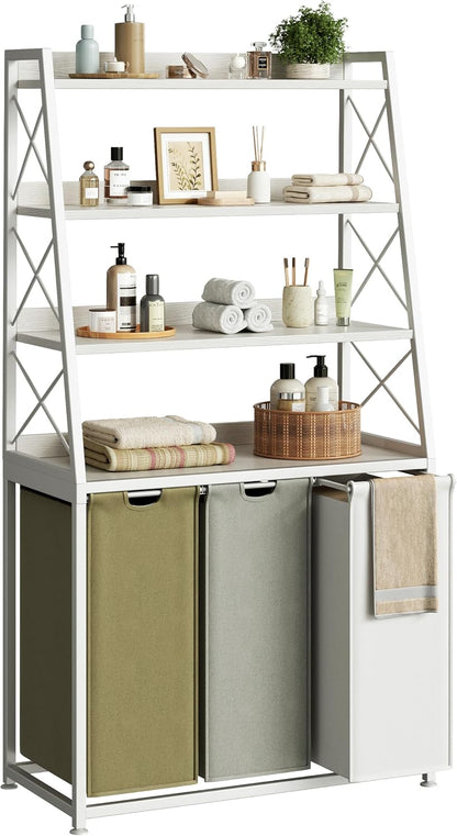 Laundry Basket, 2 Section Laundry Hamper with 4 Tiers Shelf, Pull-Out and Removable Laundry Bags, Large 2 x 15.87 Gallons, for Bedroom Bathroom White PF11XLE