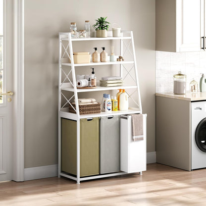 Laundry Basket, 2 Section Laundry Hamper with 4 Tiers Shelf, Pull-Out and Removable Laundry Bags, Large 2 x 15.87 Gallons, for Bedroom Bathroom White PF11XLE
