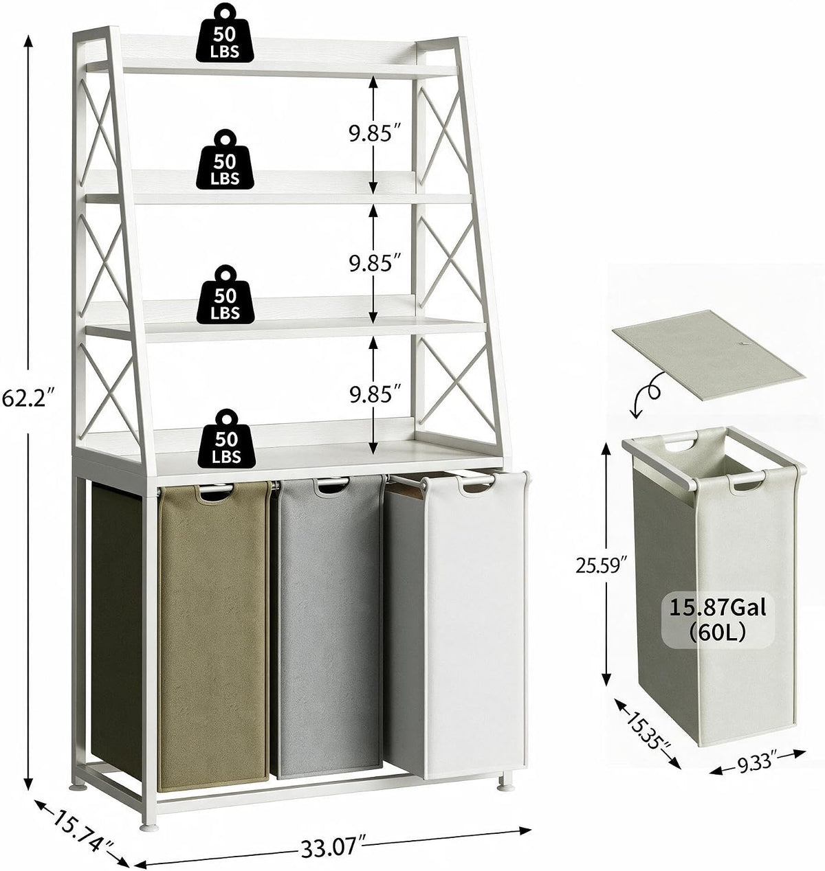 Laundry Basket, 2 Section Laundry Hamper with 4 Tiers Shelf, Pull-Out and Removable Laundry Bags, Large 2 x 15.87 Gallons, for Bedroom Bathroom White PF11XLE