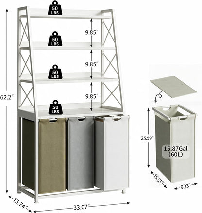 Laundry Basket, 2 Section Laundry Hamper with 4 Tiers Shelf, Pull-Out and Removable Laundry Bags, Large 2 x 15.87 Gallons, for Bedroom Bathroom White PF11XLE