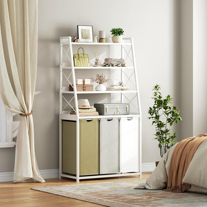Laundry Basket, 2 Section Laundry Hamper with 4 Tiers Shelf, Pull-Out and Removable Laundry Bags, Large 2 x 15.87 Gallons, for Bedroom Bathroom White PF11XLE