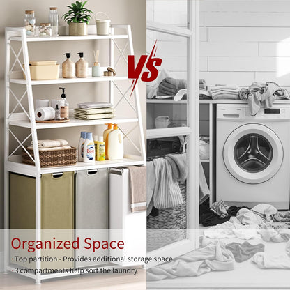 Laundry Basket, 2 Section Laundry Hamper with 4 Tiers Shelf, Pull-Out and Removable Laundry Bags, Large 2 x 15.87 Gallons, for Bedroom Bathroom White PF11XLE