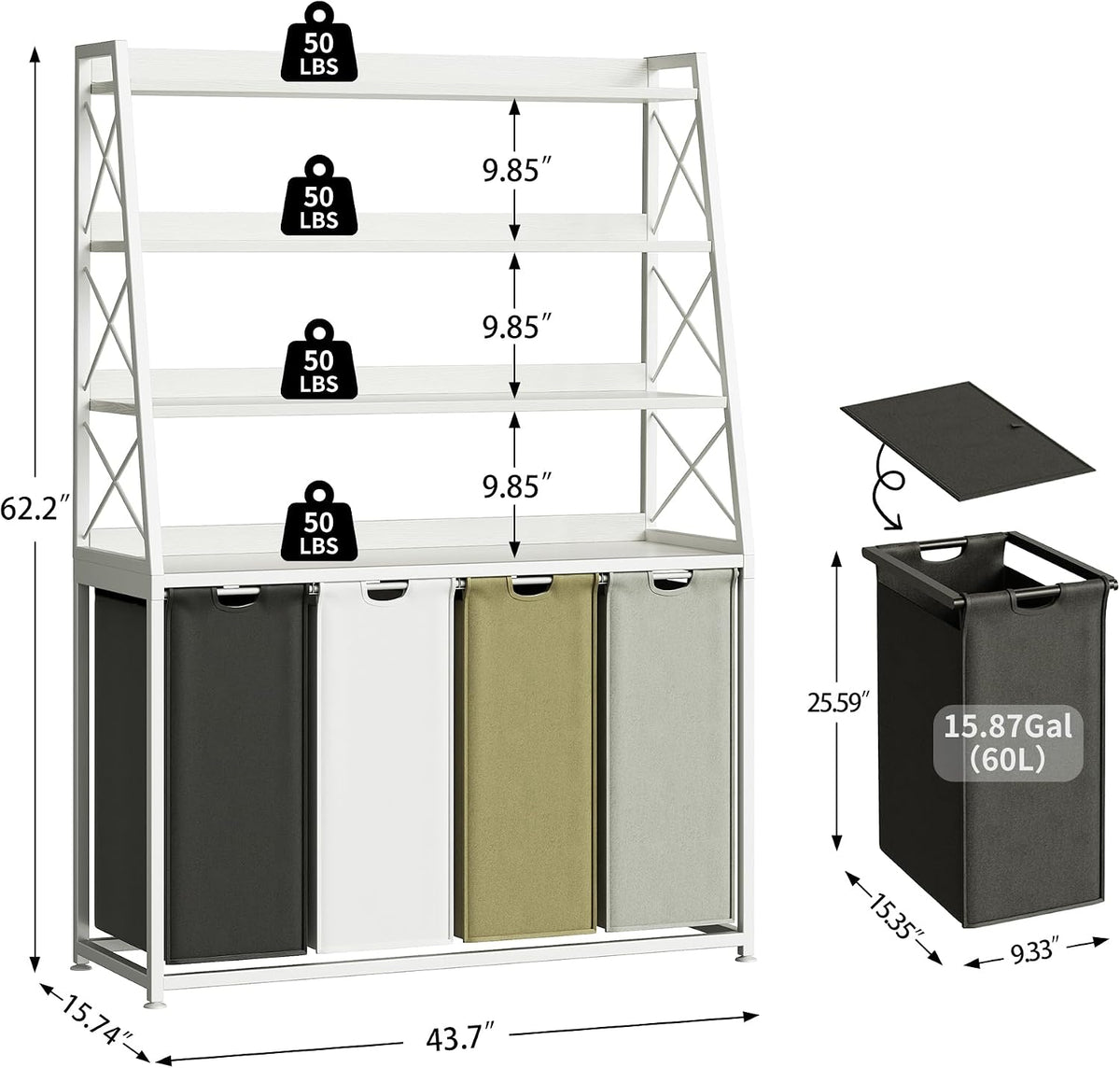 Laundry Basket, 2 Section Laundry Hamper with 4 Tiers Shelf, Pull-Out and Removable Laundry Bags, Large 2 x 15.87 Gallons, for Bedroom Bathroom White PF11XLE